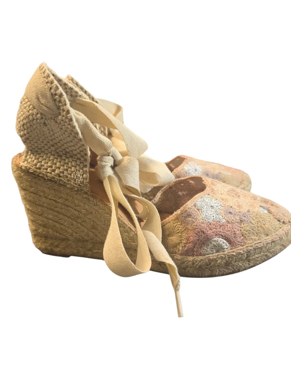 Maypol Spain Espadrilles Leather Crochet Espadrille Tie-Back Wedge Sz. 39/8